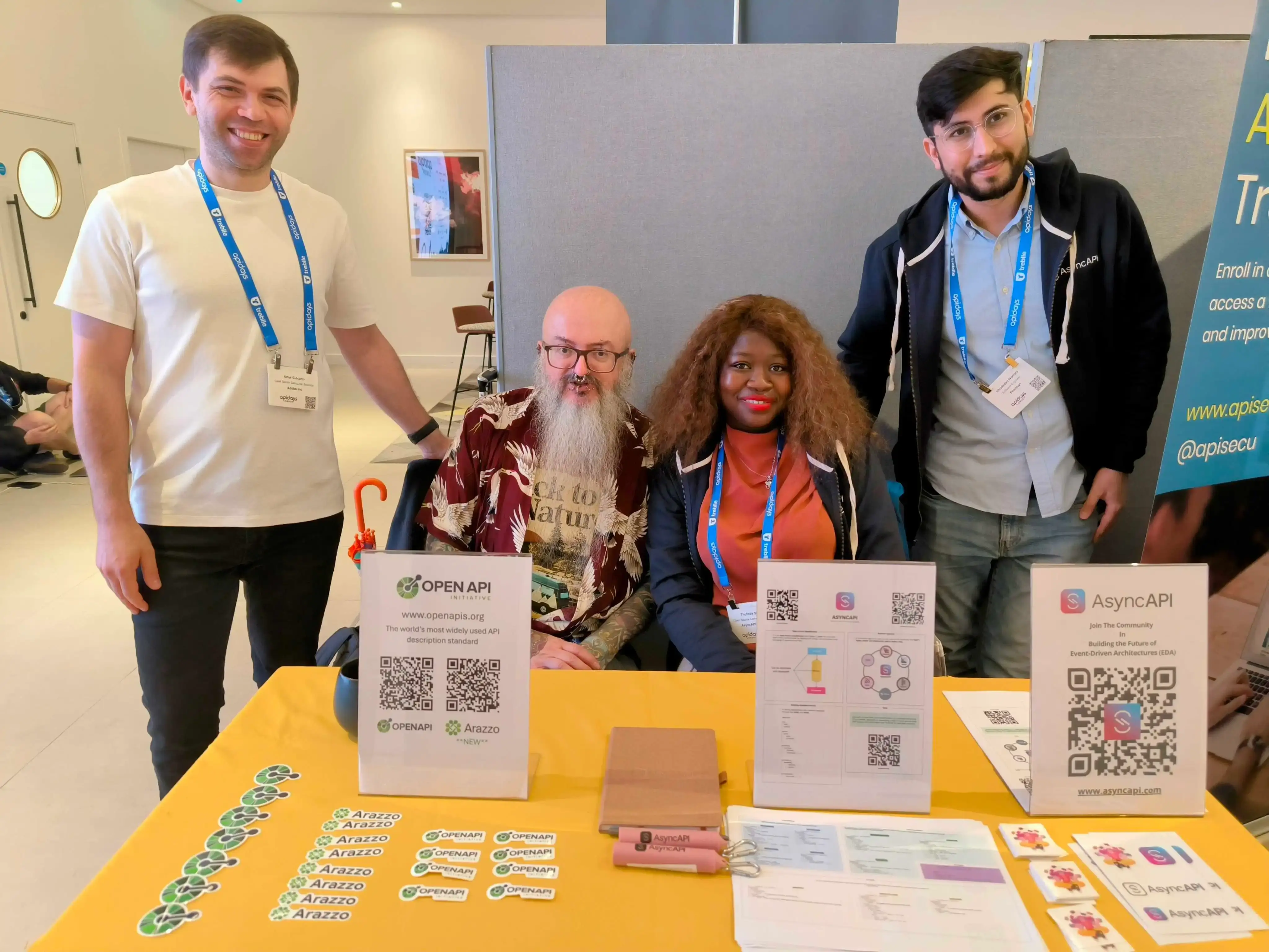 Day 2 at the booth with AsyncAPI experts. From left: Artur, Ian, Thulie, Khuda